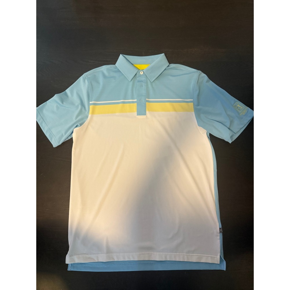 Straight Down TPC Snoqualmie Ridge Golf Polo Shirt Mens Medium Blue White Yellow